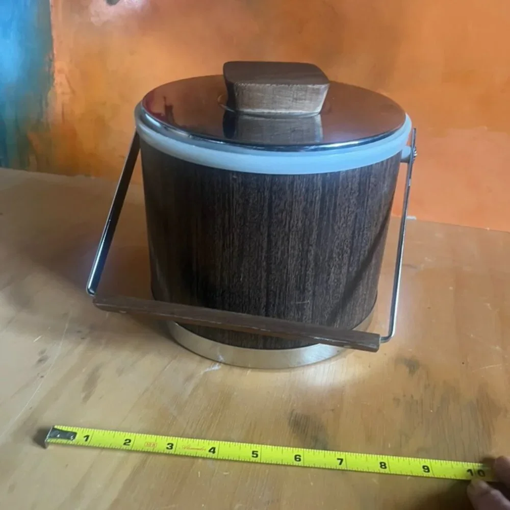 Vintage Kromex MCM Ice Bucket With Faux Wood, Stainless Lid & Wooden Handle